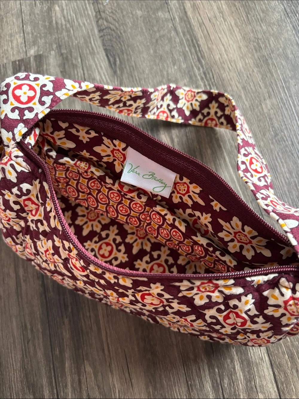 Vera Bradley Quilted Small Single Wide Strap Tote Handbag Burgundy Floral Print
